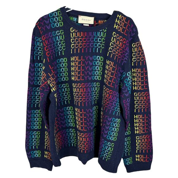Gucci Hollywood Wool Blend Long Sleeve Logo Navy Blue Crew Neck Sweater L - Picture 1 of 6